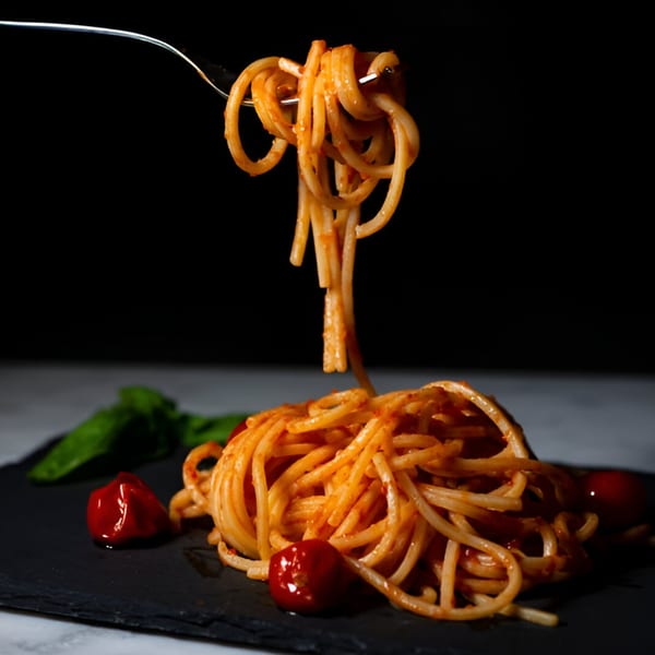 Fork twirling spaghetti with tomato sauce and cherry tomatoes on a dark plate.