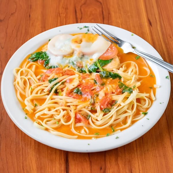 Chicken with melted cheese, tomatoes, and spinach, served with linguine in a creamy orange sauce.